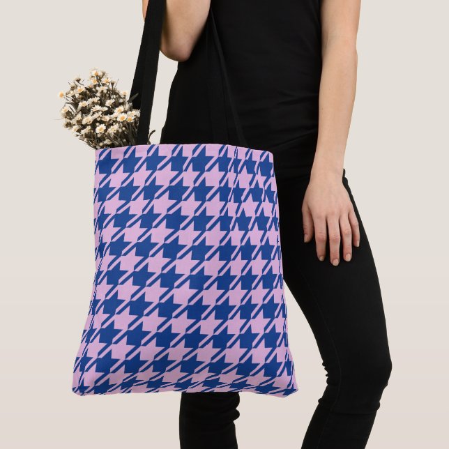 Houndstooth Pink+Blue Pattern Tote Bag (Close Up)