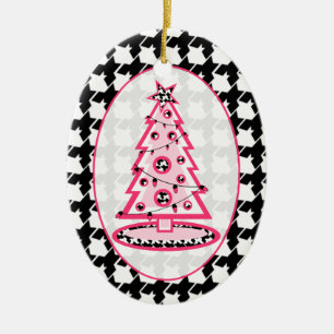 Houndstooth & Pink Christmas Tree Ceramic Ornament