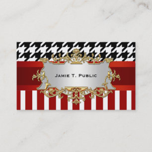 Houndstooth Red Wht Stripe, Red Ribbon, Gold Label Business Card