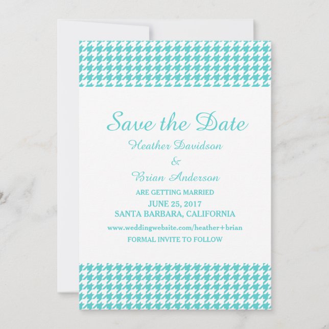 Houndstooth Save the Date Invite, Turquoise Invitation (Front)