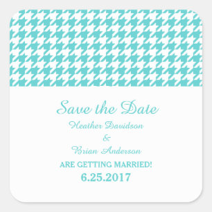 Houndstooth Save the Date Stickers, Turquoise Square Sticker