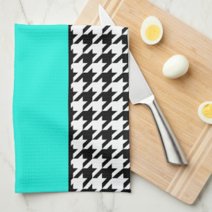 Houndstooth, teal, black, and white chequered kitchen towel