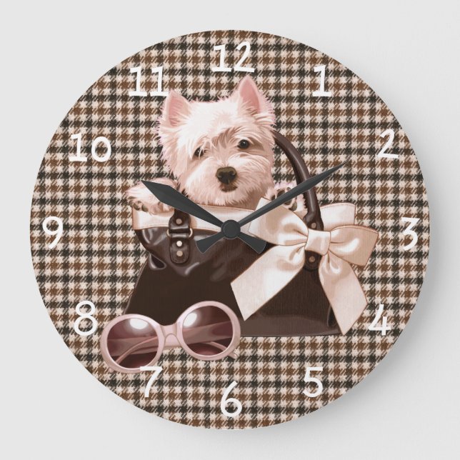 Houndstooth Westie puppy Large Clock (Front)