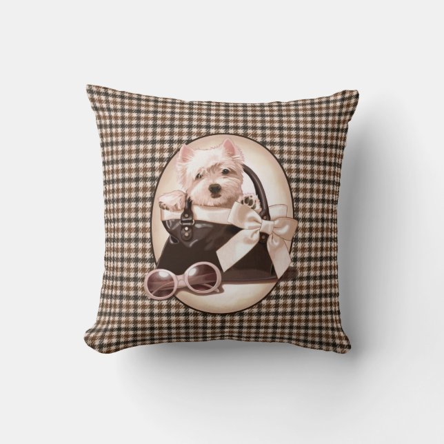 Houndstooth Westie puppy Throw Pillow (Front)