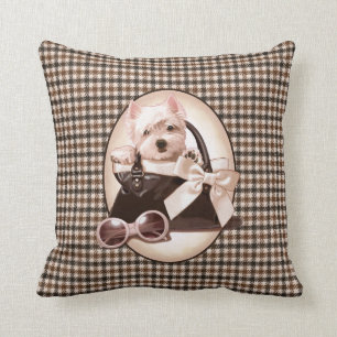 Houndstooth Westie puppy Throw Pillow