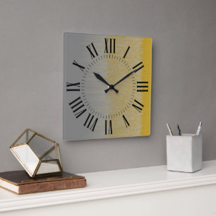 Hour and Minute Markers, Black on Gold and Silver Square Wall Clock