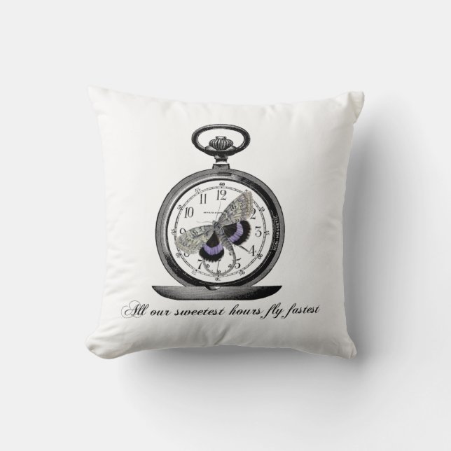 Hours fly fast, Pocket watch and butterfly Throw Pillow (Front)