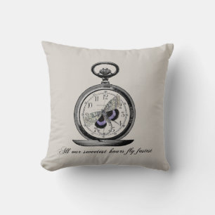 Hours fly fast, Pocket watch and butterfly Throw Pillow