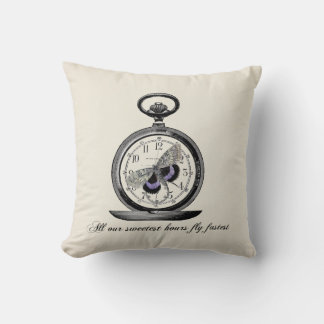 Hours fly fast, Pocket watch and butterfly Throw Pillow