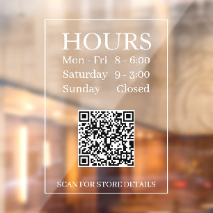 Hours Open Generate QR Code Message White on Clear Window Cling