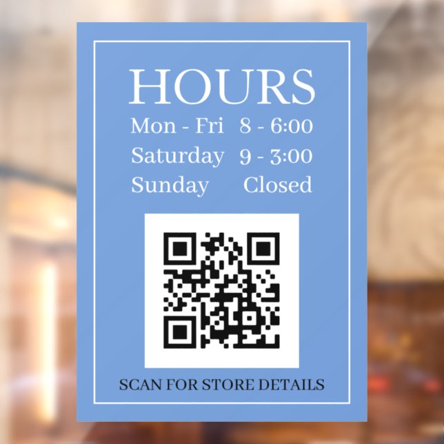 Hours Open Sign, QR Code, Message Blue Black White Window Cling (Sheet 2)