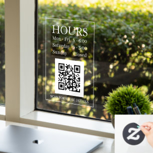 Hours Open Sign, QR Code, Message White Text Clear Window Cling