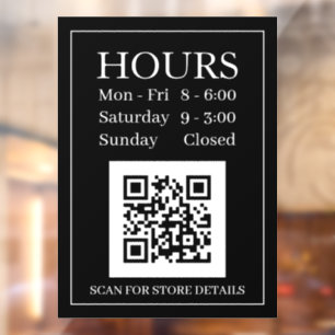 Hours Open Sign QR Code, Message White Text on Blk