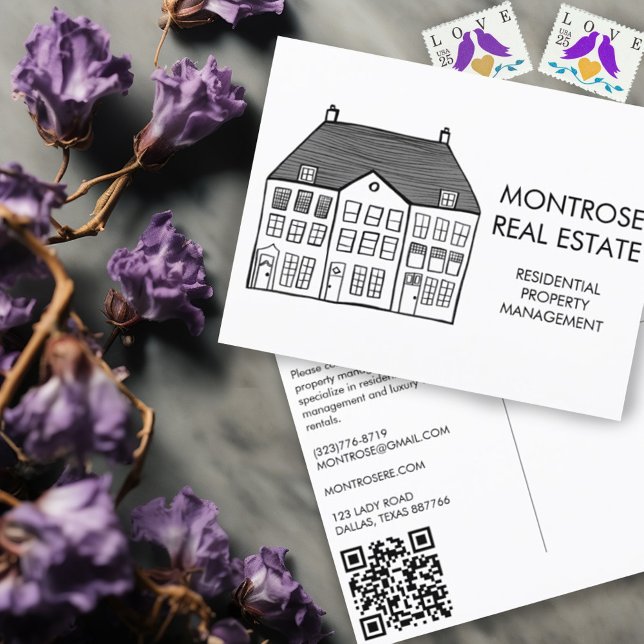 House Art Minimal QR Code Real Estate Marketing  Postcard (Custom real estate marketing postcards with house line art and custom QR code. )