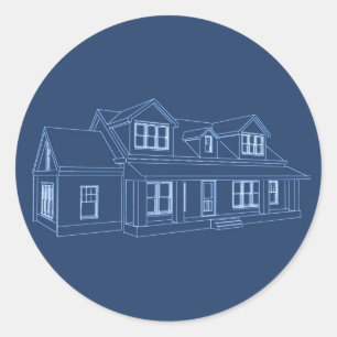 House: Blue Print Drawing: Classic Round Sticker