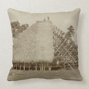 House Building in Samoa, c.1875 (sepia photo) Throw Pillow