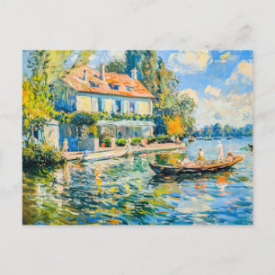 House by the lake with boat holiday postcard