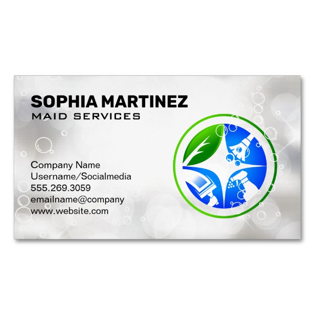 House Chores Cleaning Icons | Soap Bubbles Magnetic Business Card (Front)