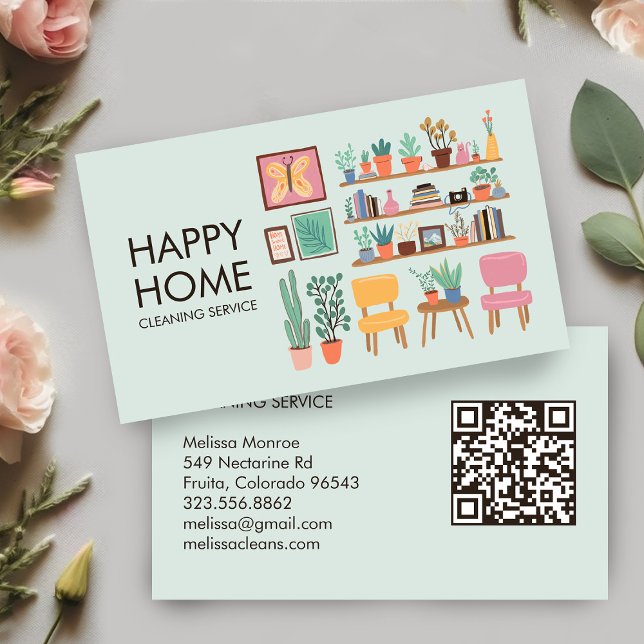 House Cleaning Cute Livingroom Art Custom QR Code Business Card (House Cleaning Cute Living room Art Custom QR Code Business Card
)