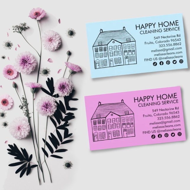 House Cleaning Home Services Charming Janitorial   Business Card (Cute handdrawn house on custom business card. Change background colors and social media icons)