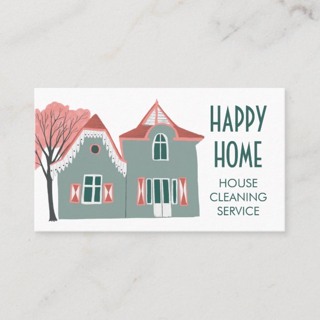House Cleaning Home Services Charming Pink Green Business Card (Front)