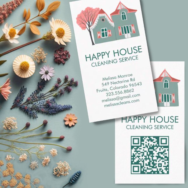 House Cleaning Home Services Charming QR Code Business Card (House cleaning, cute home illustration custom business card with QR code. Add your own text and link)