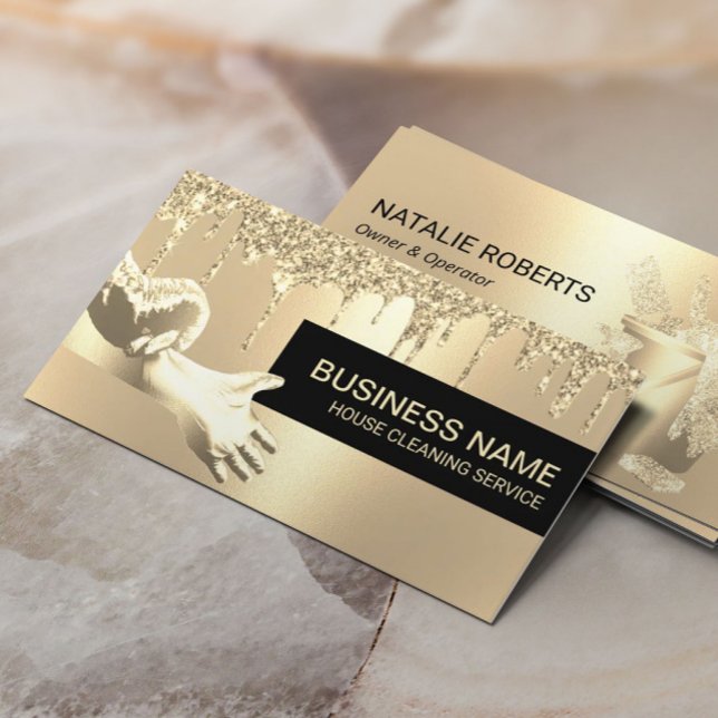 House Cleaning Housekeeping Gold Glitter Drips Business Card (Creator Uploaded)