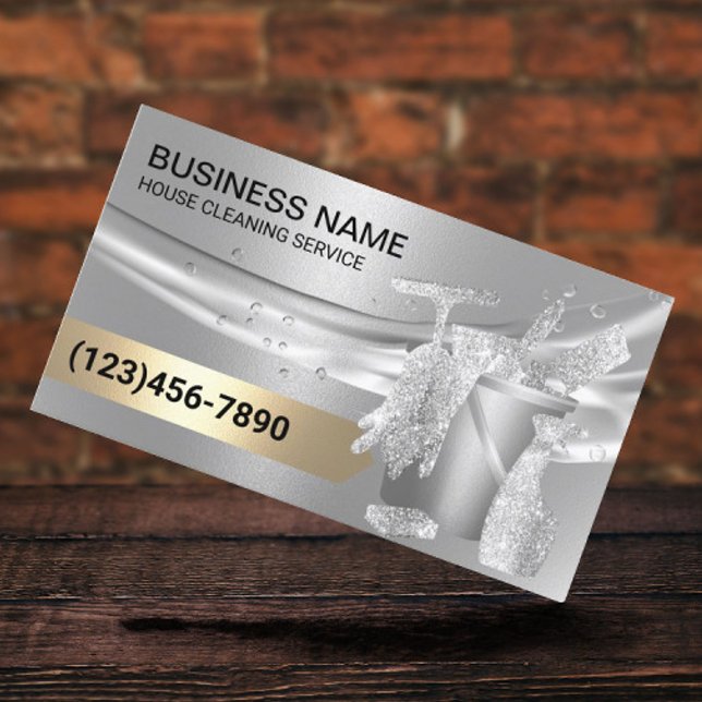 House Cleaning Housekeeping Modern Silver Gold Business Card (Creator Uploaded)