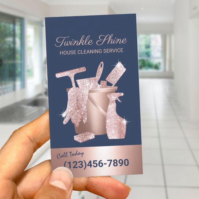 House Cleaning Navy & Rose Gold Housekeeping Business Card (Creator Uploaded)