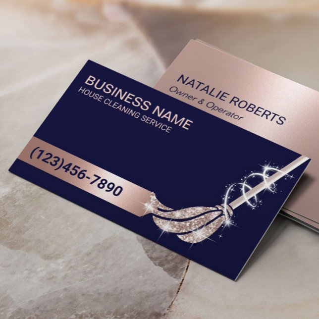 House Cleaning Navy & Rose Gold Mop Maid Service Business Card (Creator Uploaded)