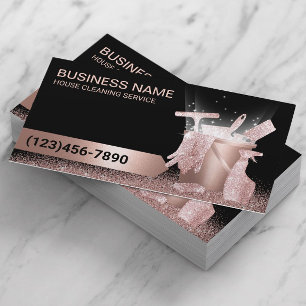 House Cleaning Service Black & Rose Gold Glitter  Business Card