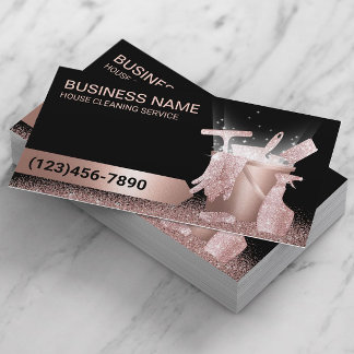 House Cleaning Service Black & Rose Gold Glitter  Business Card