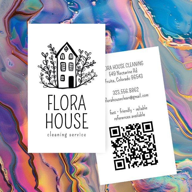 House Cleaning Service Home Hand Drawn Logo QR  Business Card (House Cleaning Service Home Hand Drawn Logo QR Business Card
)