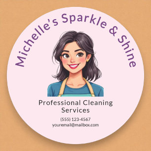 House Cleaning Service Modern Woman Pink  Classic Round Sticker