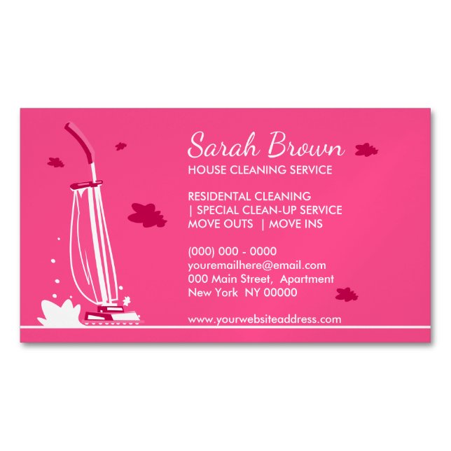 House Cleaning Service Pink Vacuum Cleaner Magnetic Business Card (Front)
