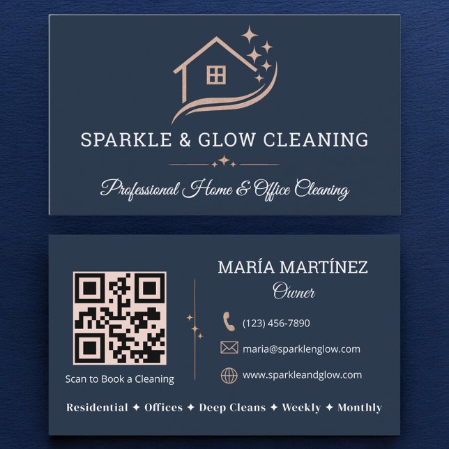 House Cleaning Service QR Code Rose Gold Navy Blue Business Card (Creator Uploaded)