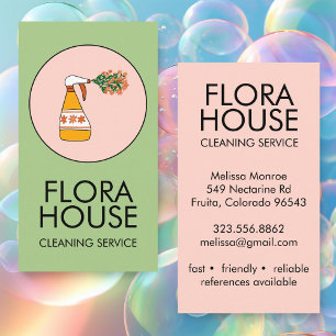 House Cleaning Service Spray Bottle Floral Logo Business Card