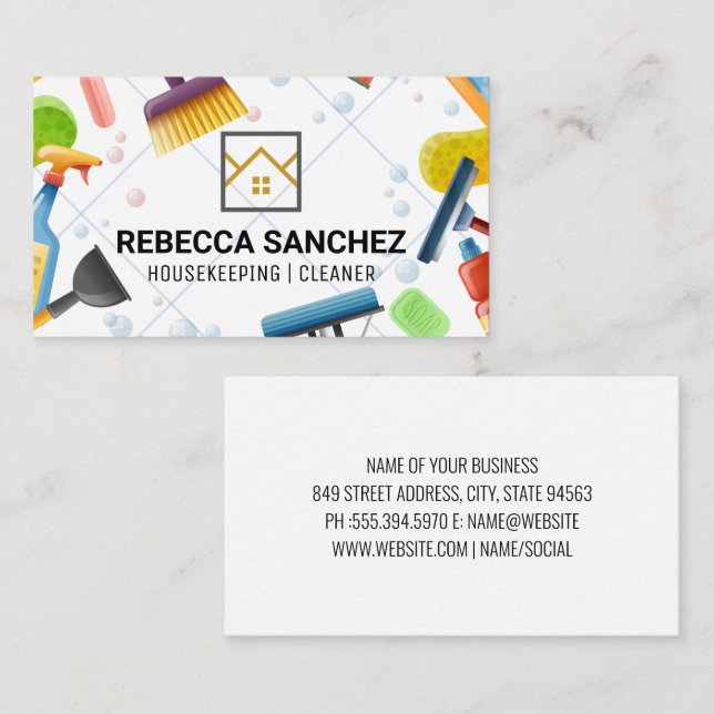 House Cleaning Tools | Bubbles Tile | Maid Business Card (Front/Back)