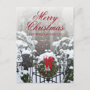House door with Christmas wreaths and snow Holiday Postcard