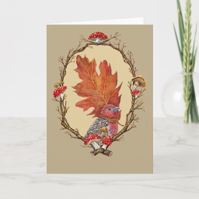 House finch with oak leaf card (Front)