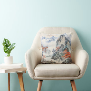 House in Mountains Chinese Art Throw Pillow