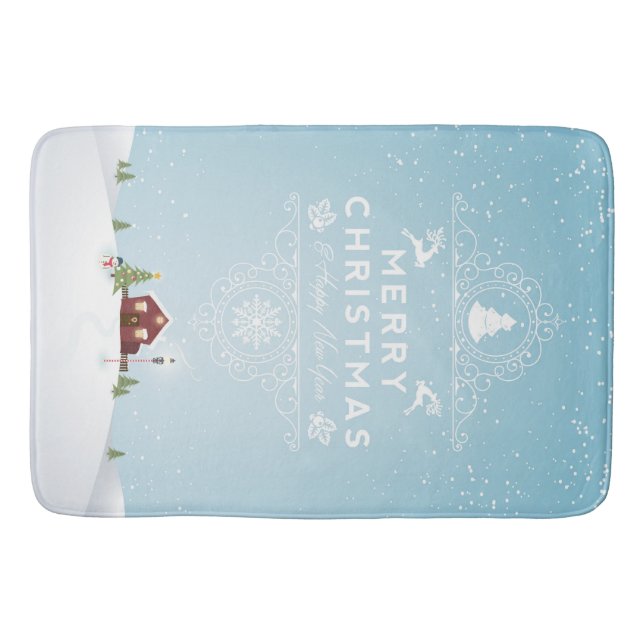 House in Snow, Merry Christmas Bath Mat (Front)