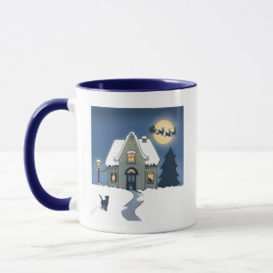 House in Snowy Night with Cat and Santa  Mug