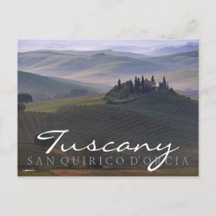 House in Tuscany in the morning fog text postcard