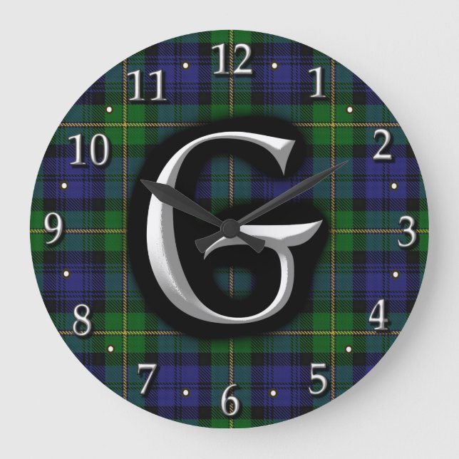 House of Gordon Letter G Monogram Clan Tartan Large Clock (Front)