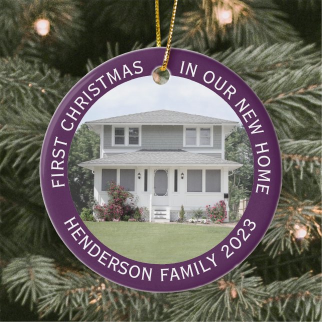 House Photos First Xmas New Home Name Year Purple Ceramic Ornament (Creator Uploaded)