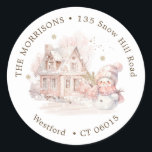 House Pink Snowman Christmas return address label<br><div class="desc">House at Christmas time with pink little snow girl - return address label. You can change text according to your requirements</div>
