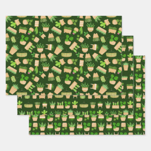 House Plants Cactus on Dark Green Wrapping Paper S