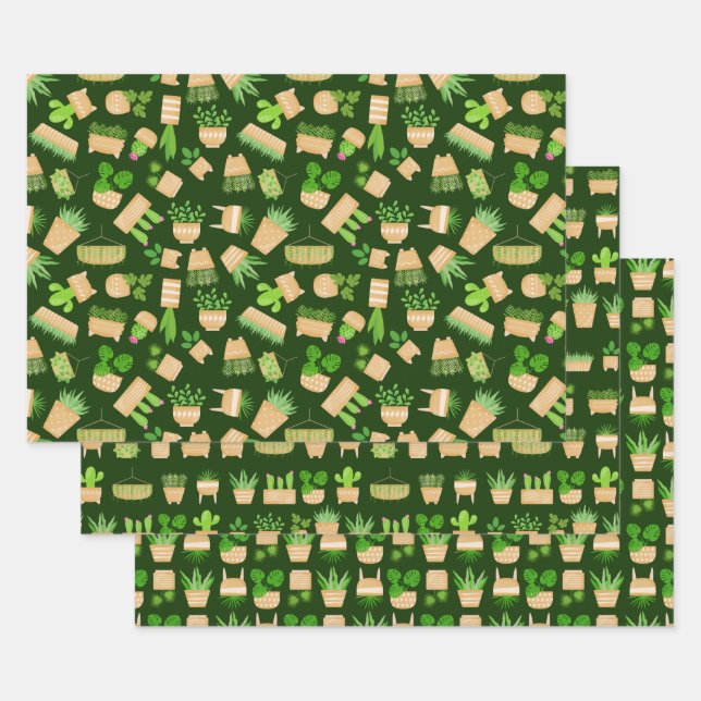 House Plants Cactus on Dark Green Wrapping Paper S (Set)