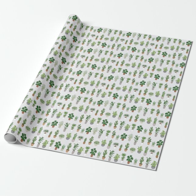 House plants, vintage doodle pattern wrapping paper (Unrolled)